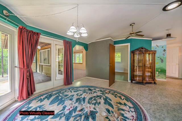 31 Herrick Rd, Belfast, ME 04915 - interior space featuring ceiling fan, a chandelier, ornamental molding, and lofted ceiling