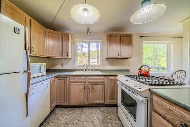 31 Herrick Rd, Belfast, ME 04915 - kitchen with white appliances, plenty of natural light, crown molding, and brown cabinets
