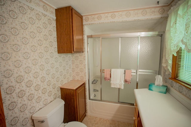 142 Military Rd, Greenbush, ME 04418 - bathroom featuring wallpapered walls, combined bath / shower with glass door, and vanity