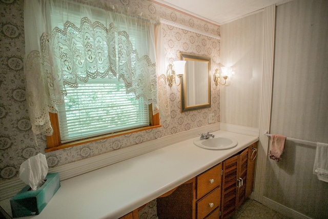 142 Military Rd, Greenbush, ME 04418 - bathroom with wallpapered walls and vanity