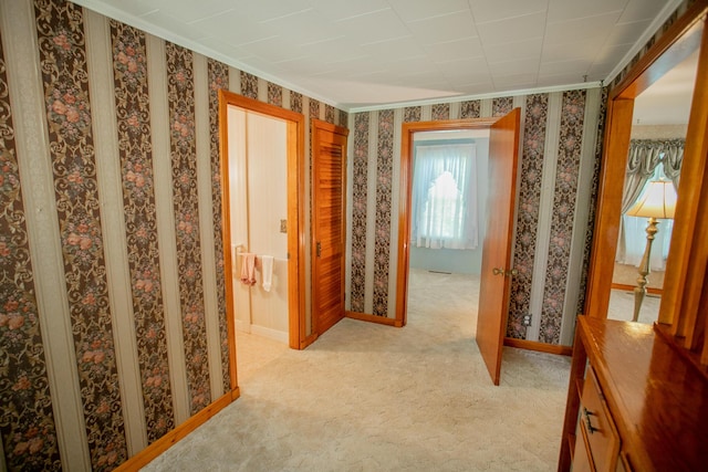 142 Military Rd, Greenbush, ME 04418 - hallway with light carpet and ornamental molding