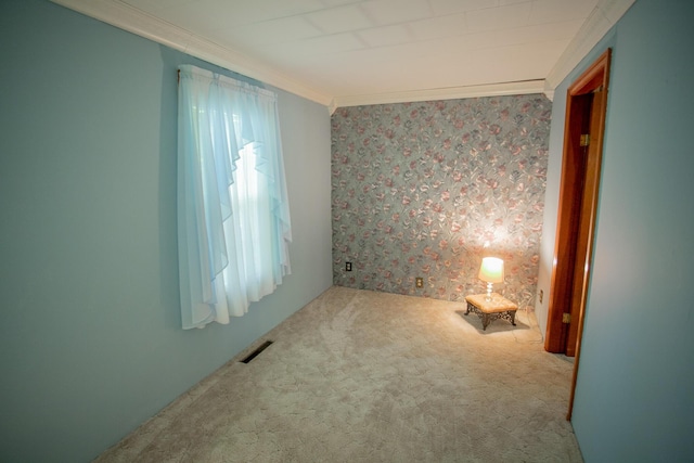 142 Military Rd, Greenbush, ME 04418 - empty room featuring ornamental molding, carpet, and wallpapered walls