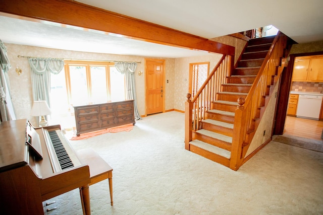 142 Military Rd, Greenbush, ME 04418 - stairs with healthy amount of natural light, carpet flooring, and wallpapered walls