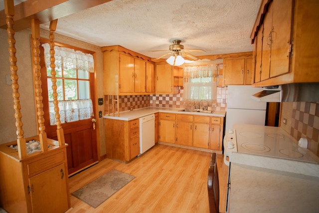 142 Military Rd, Greenbush, ME 04418 - kitchen featuring white appliances, light countertops, light wood-style flooring, a textured ceiling, and a ceiling fan