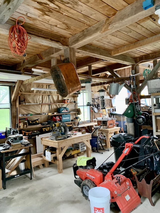 361 Water St, Addison, ME 04606 - garage with a workshop area and wood ceiling