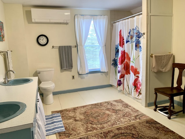 361 Water St, Addison, ME 04606 - full bath with a wall mounted air conditioner, double vanity, and a shower with shower curtain