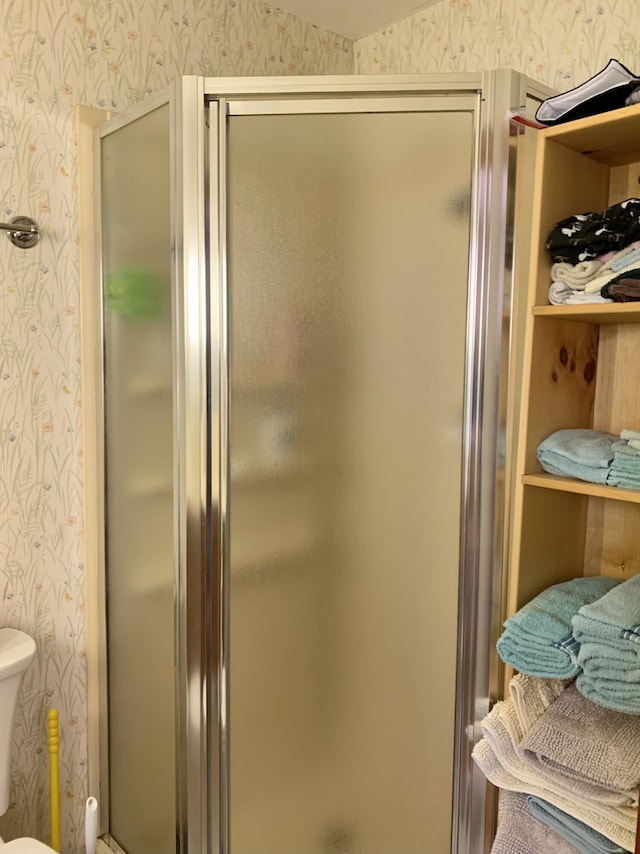 361 Water St, Addison, ME 04606 - bathroom with wallpapered walls and a stall shower