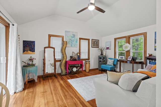 17 Eagle Ln, Damariscotta, ME 04543 - living area featuring ceiling fan, lofted ceiling, and light wood-style floors