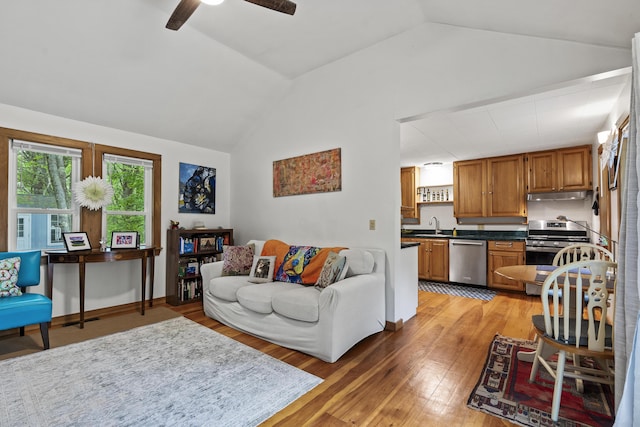 17 Eagle Ln, Damariscotta, ME 04543 - living area with vaulted ceiling, light wood-style flooring, and a ceiling fan