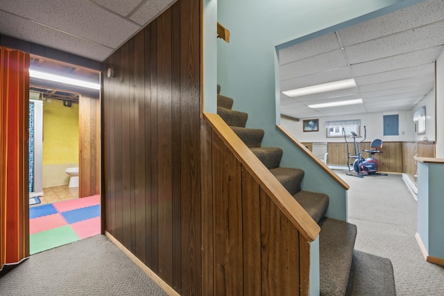 8 Grovemount Ln, Lewiston, ME 04240 - stairs with a paneled ceiling, wood walls, and carpet flooring