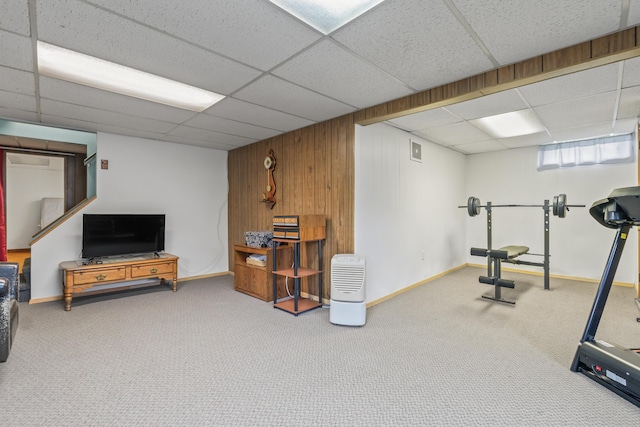 8 Grovemount Ln, Lewiston, ME 04240 - workout area with a drop ceiling, carpet, and wooden walls
