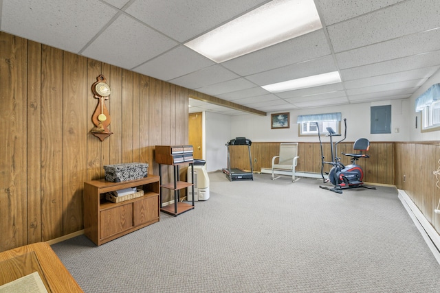 8 Grovemount Ln, Lewiston, ME 04240 - workout area with electric panel, wood walls, a drop ceiling, and carpet floors