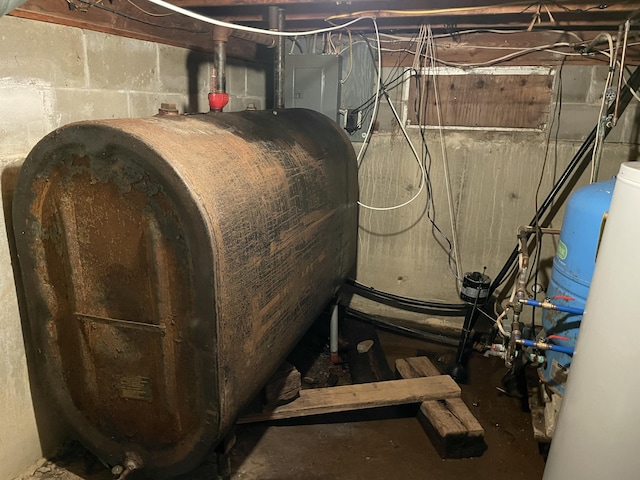 1431 Indian River Rd, Addison, ME 04606 - unfinished below grade area featuring oil tank, electric panel, and a water pressure tank