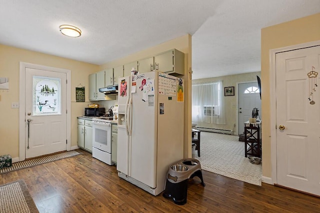 154 Rideout Ave, Lewiston, ME 04240 - kitchen with white appliances, a baseboard heating unit, plenty of natural light, and under cabinet range hood