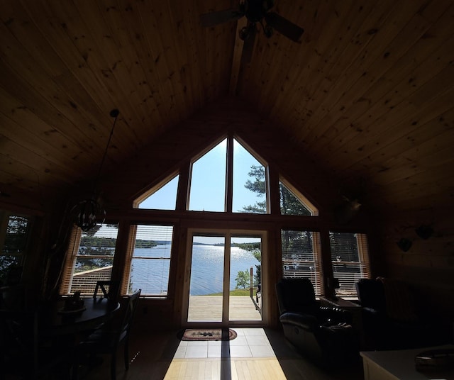 67 Upper Narrows Rd, Long Pond Twp, ME 04945 - living room featuring a water view, wooden ceiling, ceiling fan, and lofted ceiling