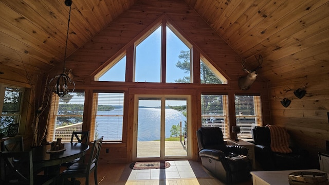 67 Upper Narrows Rd, Long Pond Twp, ME 04945 - living room featuring a water view, wood ceiling, lofted ceiling, a chandelier, and wood walls