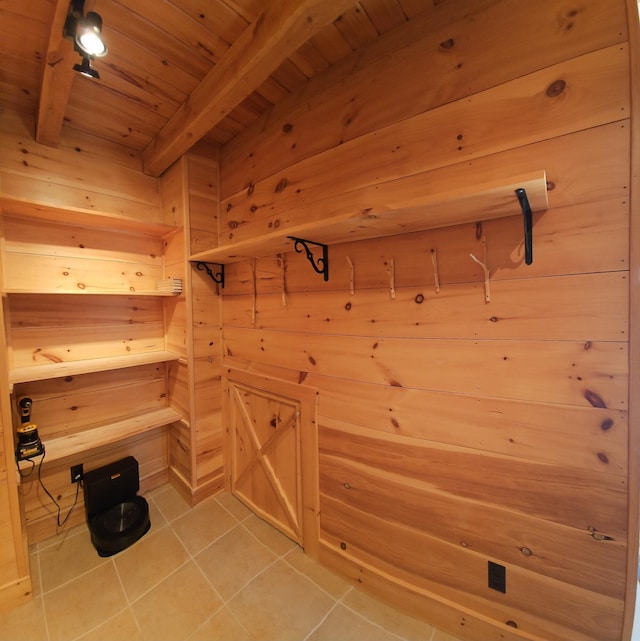 67 Upper Narrows Rd, Long Pond Twp, ME 04945 - interior space with a sauna / steam room, a wood ceiling with exposed beams, and wooden walls