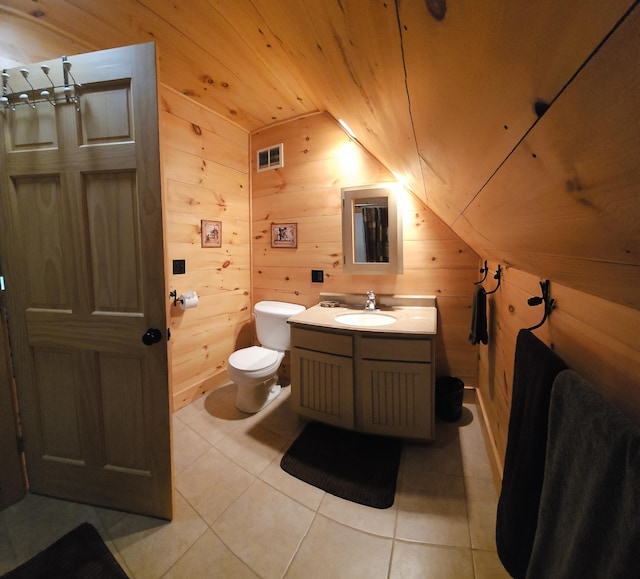 67 Upper Narrows Rd, Long Pond Twp, ME 04945 - bathroom featuring vaulted ceiling, vanity, wooden walls, wooden ceiling, and tile patterned floors