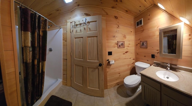 67 Upper Narrows Rd, Long Pond Twp, ME 04945 - bathroom with wooden ceiling, a shower stall, vanity, tile patterned flooring, and wood walls