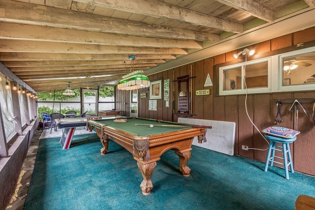 1522 Richville Rd, Standish, ME 04084 - playroom with billiards, carpet floors, a wood ceiling with exposed beams, and wood walls