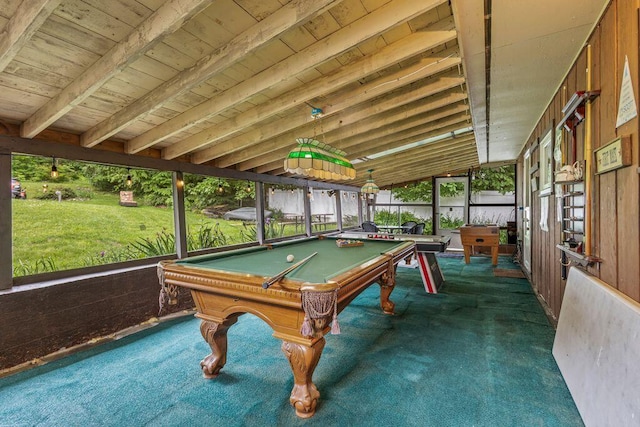 1522 Richville Rd, Standish, ME 04084 - playroom with healthy amount of natural light, carpet floors, billiards, and wood ceiling