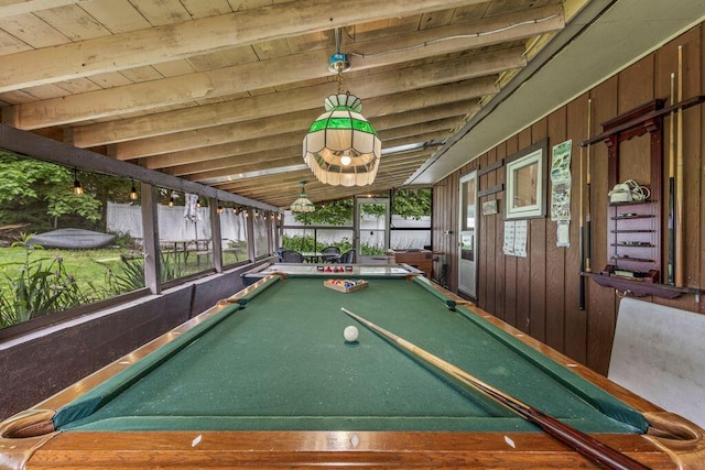 1522 Richville Rd, Standish, ME 04084 - game room with plenty of natural light, a wooden ceiling with exposed beams, pool table, and wooden walls
