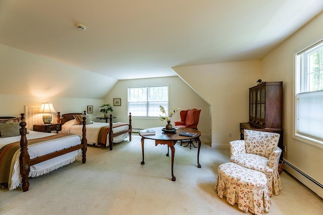 42 Stonehurst Dr, Camden, ME 04843 - bedroom with a baseboard radiator, light carpet, and vaulted ceiling