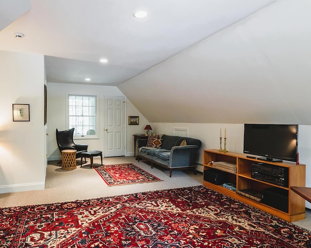 42 Stonehurst Dr, Camden, ME 04843 - living area with carpet floors, lofted ceiling, and recessed lighting