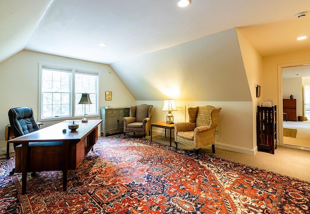 42 Stonehurst Dr, Camden, ME 04843 - home office featuring lofted ceiling, carpet, and recessed lighting