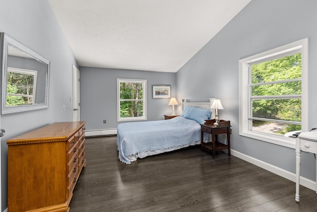 2 Teressa Ln, York, ME 03909 - bedroom with a baseboard heating unit, lofted ceiling, and dark wood-style flooring