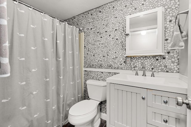 2 Teressa Ln, York, ME 03909 - full bath with vanity, wallpapered walls, and curtained shower