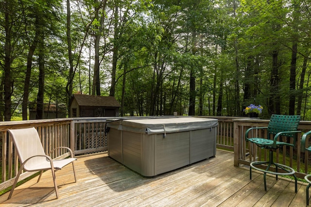 2 Teressa Ln, York, ME 03909 - wooden terrace featuring a hot tub and a storage shed
