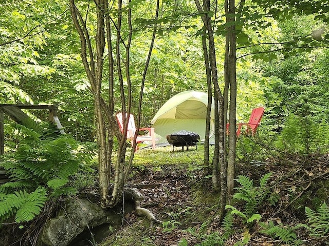 28 Varnum Pond Rd, Temple, ME 04984 - view of yard with a wooded view and a fire pit