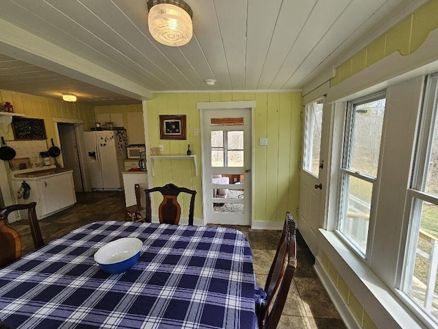 28 Varnum Pond Rd, Temple, ME 04984 - dining area featuring wooden ceiling and wooden walls