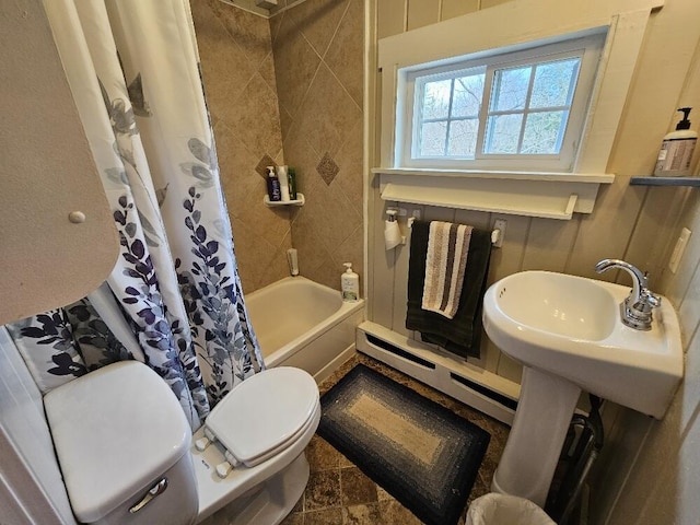 28 Varnum Pond Rd, Temple, ME 04984 - bathroom featuring a baseboard radiator and shower / bathtub combination with curtain
