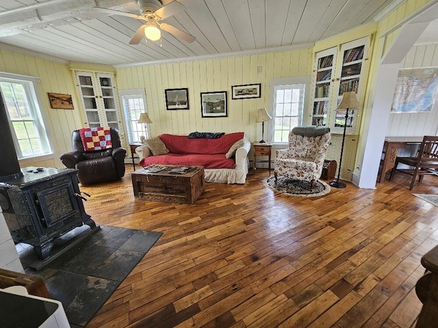 28 Varnum Pond Rd, Temple, ME 04984 - living area featuring a wood stove, hardwood / wood-style flooring, wooden walls, a ceiling fan, and wood ceiling