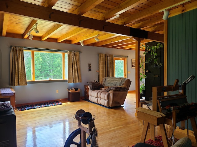 163 Ayer Ridge Rd, Freedom, ME 04941 - living room featuring wood finished floors and a wooden ceiling with exposed beams
