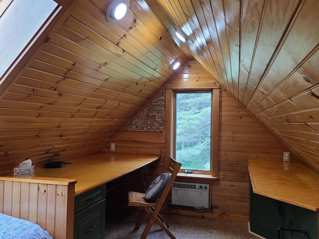 163 Ayer Ridge Rd, Freedom, ME 04941 - office featuring wooden walls, wooden ceiling, lofted ceiling, a wall mounted AC, and built in study area