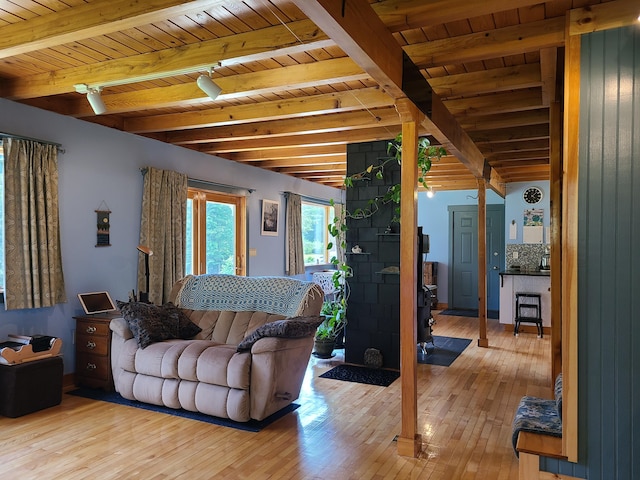 163 Ayer Ridge Rd, Freedom, ME 04941 - living area with a wooden ceiling with exposed beams and light wood-style flooring
