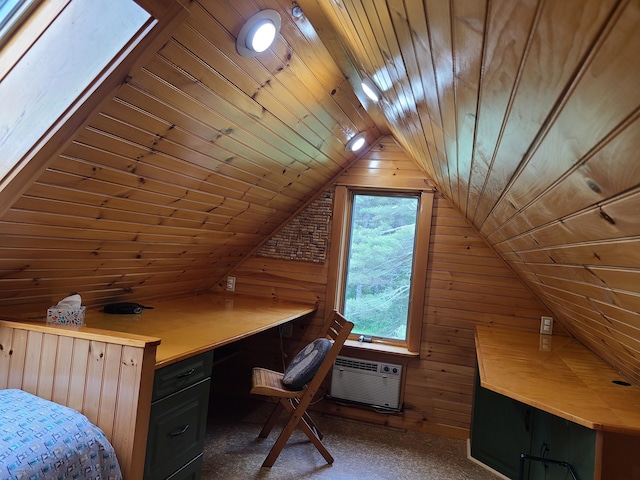 163 Ayer Ridge Rd, Freedom, ME 04941 - office area featuring wood walls, lofted ceiling, wooden ceiling, and built in desk