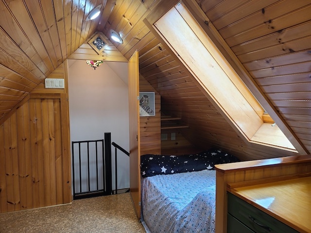 163 Ayer Ridge Rd, Freedom, ME 04941 - unfurnished bedroom with vaulted ceiling, wooden ceiling, and wooden walls