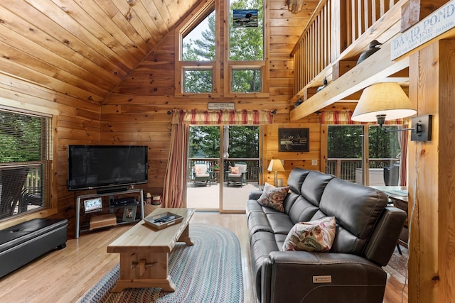 50 Flagg Way, Fayette, ME 04349 - living room featuring wooden walls, high vaulted ceiling, wood finished floors, and wood ceiling