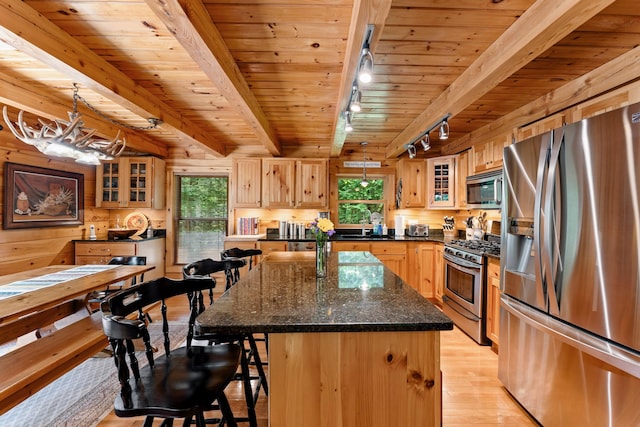 50 Flagg Way, Fayette, ME 04349 - kitchen featuring appliances with stainless steel finishes, track lighting, light wood finished floors, plenty of natural light, and a wood ceiling with exposed beams