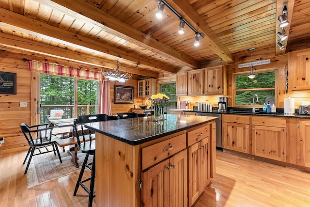 50 Flagg Way, Fayette, ME 04349 - kitchen featuring rail lighting, dishwasher, light wood-type flooring, a wooden ceiling with exposed beams, and wooden walls