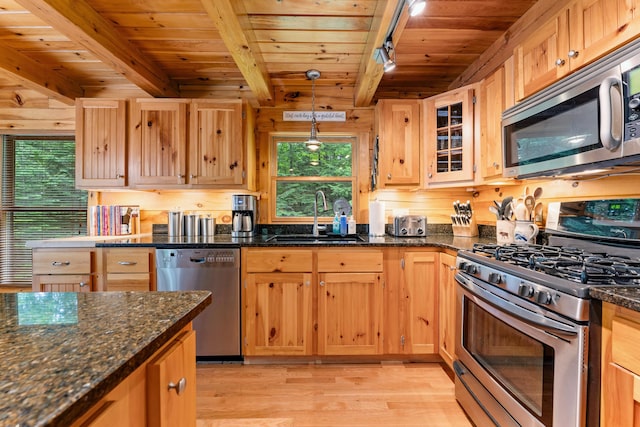 50 Flagg Way, Fayette, ME 04349 - kitchen with appliances with stainless steel finishes, a wooden ceiling with exposed beams, light wood finished floors, dark stone countertops, and glass insert cabinets
