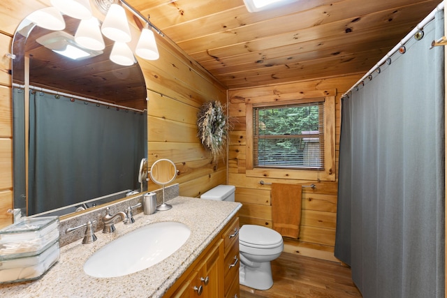 50 Flagg Way, Fayette, ME 04349 - bathroom featuring wooden ceiling, wood finished floors, vanity, wood walls, and a shower with shower curtain