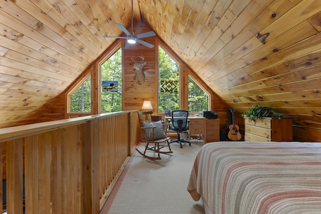 50 Flagg Way, Fayette, ME 04349 - carpeted bedroom featuring wood walls, wood ceiling, and lofted ceiling