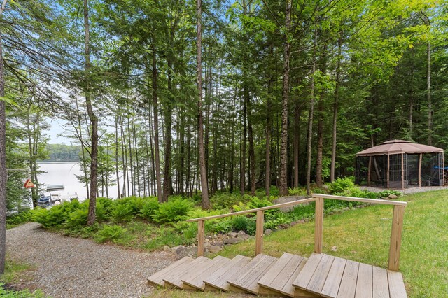 50 Flagg Way, Fayette, ME 04349 - wooden deck with a gazebo, a water view, and a wooded view