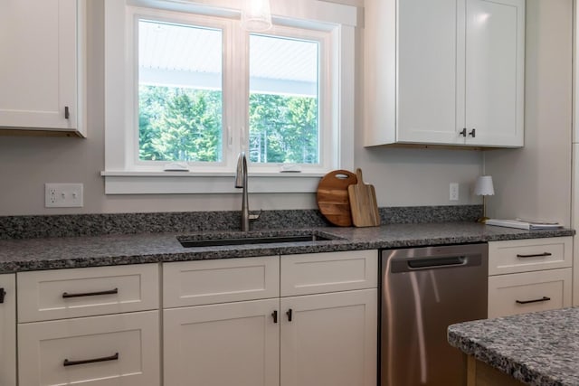 59 Sagamore Dr Lot 28, Phippsburg, ME 04562 - kitchen with dishwasher, white cabinetry, and dark stone countertops