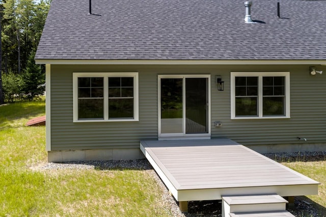 59 Sagamore Dr Lot 28, Phippsburg, ME 04562 - exterior space with a wooden deck, roof with shingles, and a yard